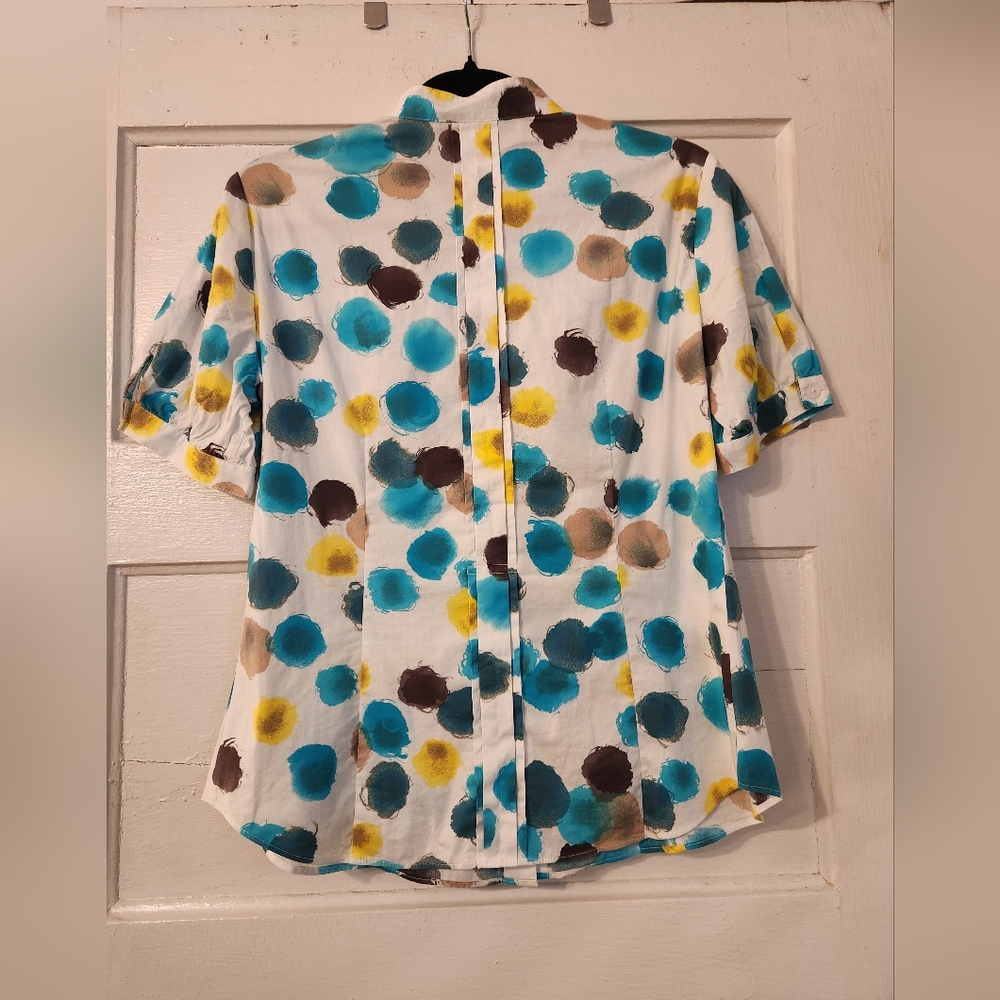 Lafayette 148 Blouse, Button Down, Ruffle Abstract Polka Dot, Cotton, Sz 4, EUC - Picture 6 of 13